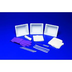 Tracheostomy Care Trays-Description: Trach Care Tray Includes: (2) SAFESKIN PURPLE NITRILE gloves, CSR wrap, (3) solution basins, 6" trach brush, drape, (4) 4x4 gauze sponges, (3) pipe cleaners, (3) 4x4 nonwoven trach dressings, 30" twill tape, and (3) 6"