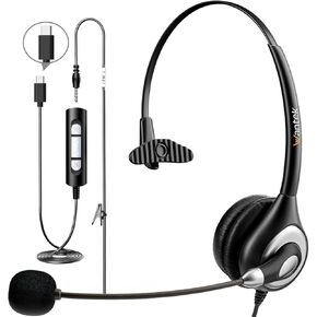 Wantek Headset with Microphone for PC Wired Headphones - USB C 3.5mm Headsets with Noise-Cancelling Microphone for Laptop - Type-C Computer Headphones with Mic in-line Control for Home