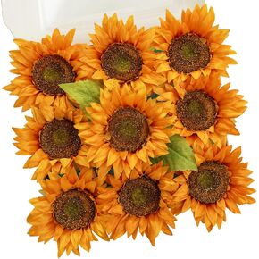 TINGE TIME 9 PCS Sunflowers Artificial Flowers, 5.9in Fake Orange Sunflowers w/Stem, Silk Sunflowers Bulk for Home DIY Wedding Bouquet Party Centerpiece Kitchen Decoration
