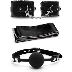 PASTOS Fluffy Handcuffs Eye Satin Mask Silk Mask Adjustable Black Set