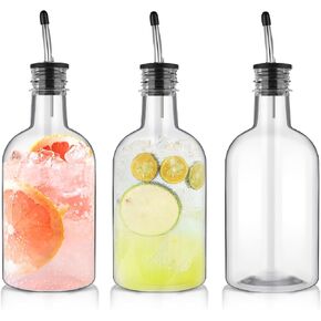 6 Sets 16 oz Plastic Long Neck Bottles with Pourer and Caps Plastic Juice Pour Bottles with Stainless Steel Bottle Pourer Tapered Spout for Liquor Juice Store Syrup Bottles Pourers