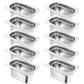Thenshop 10 Pcs 1/9 Size 4 Inch Deep Hotel Pan Stainless Steel Steam Table Pan Commercial Metal Food Catering Tray for Hotel, Restaurant, Buffet, 0.8 mm Thick, 6.9 L x 4.3 W (European Style)