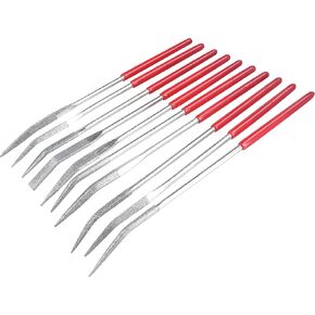 YAKAMOZ 10PCS Curved Mini Diamond Needle File Set Bent Small Metal Riffler Files Hand Tools for Glass Wood Stone Jewelry - Round Triangular Square Flat Shape 3x140mm