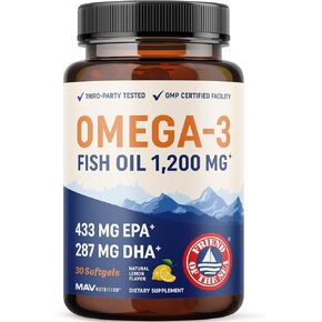 Triple Strength Omega 3 Fish Oil 1200 mg | EPA & DHA | Wild Caught, Sustainably Sourced Omega-3 Fatty Acids | Premium Burpless Omega3s | Best Essential Fatty Acids Softgel Supplements (30 Ct)