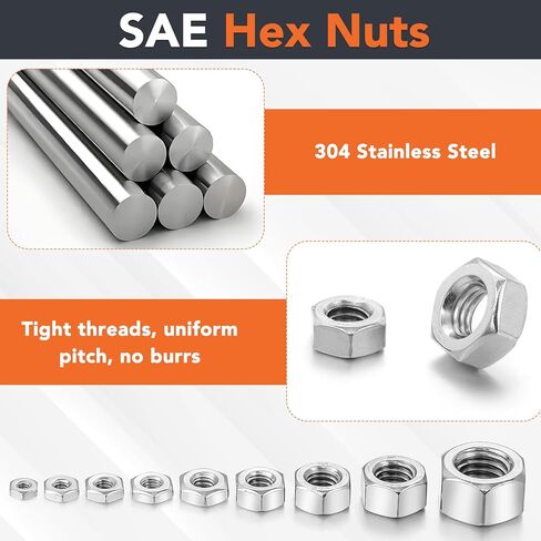 160 Pcs SAE Hex Nuts Assortment Kit, 4#40 6#32 8#32 10#24 10#32 12#24 1/4-20 5/16-18 3/8-16 1/2-13 Hex Nuts 304 Stainless Steel Assorted Hardware Nuts for Linking Pipes in Saudi Arabia