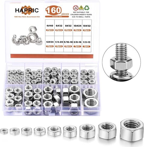 160 Pcs SAE Hex Nuts Assortment Kit, 4#40 6#32 8#32 10#24 10#32 12#24 1/4-20 5/16-18 3/8-16 1/2-13 Hex Nuts 304 Stainless Steel Assorted Hardware Nuts for Linking Pipes in Saudi Arabia