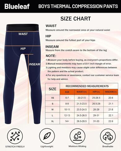 Blueleaf Boys Thermal Compression Pants - Youth Fleece Lined Athletic Leggings Kids Base Layer Tights Cold Weather Gear in Saudi Arabia