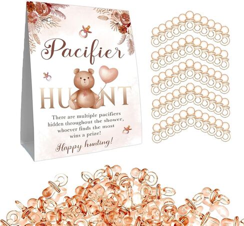Pacifier Hunt Sign, Mini Pacifiers Baby Shower Game Set, 50Pcs Mini Brown Pacifiers Decor for Baby Shower, Gender Reveal Activities Games for Adults Kids 5 * 7IN in Saudi Arabia