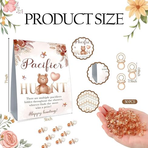 Pacifier Hunt Sign, Mini Pacifiers Baby Shower Game Set, 50Pcs Mini Brown Pacifiers Decor for Baby Shower, Gender Reveal Activities Games for Adults Kids 5 * 7IN in Saudi Arabia