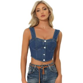 Allegra K Denim Corset Tops for Women's Button Down Sleeveless Bustier Jean Crop Tank Top
