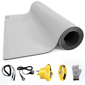 30x24 Inch ESD Rubber Mat, Anti Static Table Floor Pad for PC Building Electronic Device Repair Solder Assembly Work, W/H Grounding Kit- Antistatic Plug Wrist Strap Wristband Cord Gloves,Grey