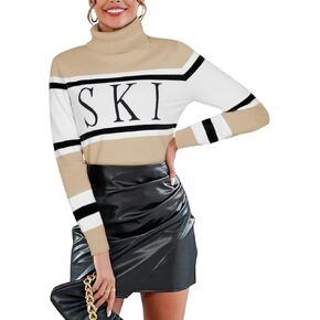 Women's Turtleneck Sweater 2024 Fall Colorblock Pullover Tight Knit Ski Sweaters Thermal Shirts Winter Tops