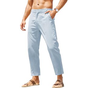 COOFANDY Men's Cotton Linen Pants Elastic Waist Lightweight Casual Pants Striped Beach Pants with Pockets