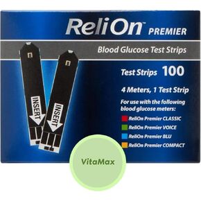 ReliOn Premier Blood Glucose Test Strips | Blood Glucose Test Strips | Test Strips for Diabetes | Blood Sugar Test Strips | Diabetic Test Strips | Reli On Premier Test Strips 100 Count, Black