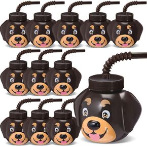 Sratte 12 Pack Pet Dog Cups 10 oz Figure Dog Party Favors Plastic Puppy Party Cups, Cute Print Cups with Lids and Straws Puppy Dogs Birthday Party Supplies for Kids Theme Party (Bulldog)