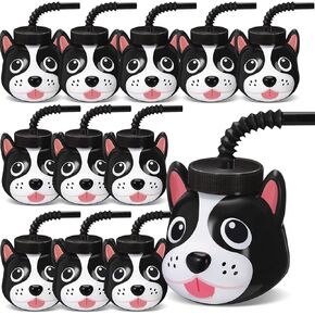 Sratte 12 Pack Pet Dog Cups 10 oz Figure Dog Party Favors Plastic Puppy Party Cups, Cute Print Cups with Lids and Straws Puppy Dogs Birthday Party Supplies for Kids Theme Party (Bulldog)