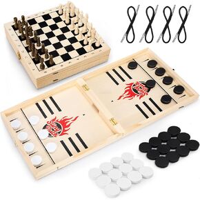 4 in 1 Fast Foldable Slingshot Puck Game with Chess Board and Checkers Board Game and Tic Tac Toe Game, Super Winner Wooden Hockey Games for Family Night, Table Games for Adults and Kids