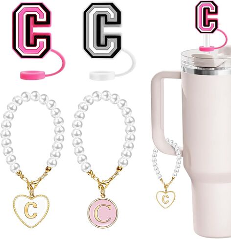 （2+3）Compatible with Stanley Cup Accessories, 2PCS 0.4"/10mm Straw Cover Cap for Stanley Cup 30&40 Oz, 3PCS Butterfly Letter Charms for Stanley Cups, Straw Toppers for Stanley Tumbler (Letter C) in Saudi Arabia