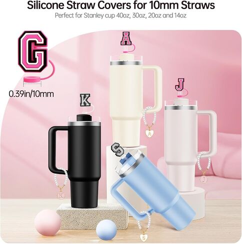 （2+3）Compatible with Stanley Cup Accessories, 2PCS 0.4"/10mm Straw Cover Cap for Stanley Cup 30&40 Oz, 3PCS Butterfly Letter Charms for Stanley Cups, Straw Toppers for Stanley Tumbler (Letter C) in Saudi Arabia