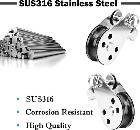 QISHUO SUS316 Durable Lifting Load Pulley Block Wheels Single Pulley Durable Outdoor Stainless Steel Strong Pulley Blocks Rope Suitable for 0.08 to 0.32 inch Ropes 4Pcs in Saudi Arabia