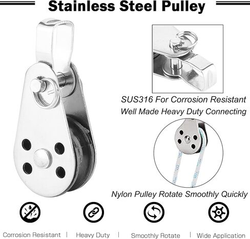 QISHUO SUS316 Durable Lifting Load Pulley Block Wheels Single Pulley Durable Outdoor Stainless Steel Strong Pulley Blocks Rope Suitable for 0.08 to 0.32 inch Ropes 4Pcs in Saudi Arabia