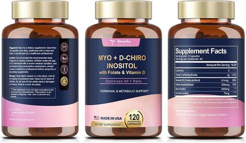 Inositol Supplement for Women with Vitamin D3, Folate, 40:1 Ratio Myo-Inositol 3000mg & D-Chiro Inositol 75mg Complex, (Vitamin B8) Inositol Capsules, 120 Capsules, 40 Servings in Saudi Arabia