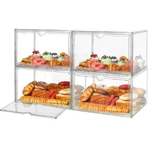 4 Pcs Bread Boxes for Kitchen Countertop, Large Bread Storage Container, Pastry Display Case Stackable Bread Keeper for Bread, Bagel, Muffins