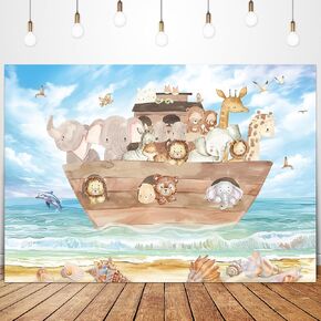 Noah's Ark Baby Shower Backdrop for Photography 7Wx5H Feet Cute Cartoon Woodland Animals Blue Ocean Lovely Clouds Newborn Kids Party Decorations Photoshoot Background Photo Booth Studio in Kuwait