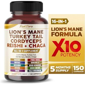 Lion's Mane 6000mg Turkey Tail 6000mg Cordyceps 3000mg Reishi 3000mg Chaga 3000mg - Overall Wellness Support- Made in USA