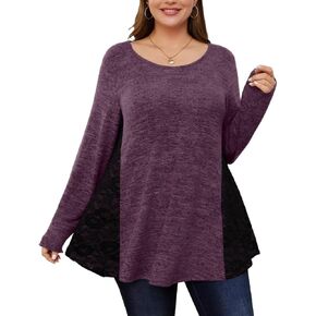 MONNURO Women's Plus Size Long Sleeve Fall Tunic Tops Casual Loose Lace Patchwork Shirts(Fushia,3X)