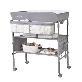 Maydolly Portable Baby Changing Table with Wheels, Waterproof Foldable Adjustable Height Diaper Station with Nursery Organizer and Storage for Newborn and Infant (Grey)