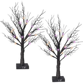 Dazzle Bright 2 Pack 20 Inch Orange & Purple Lighted Halloween Birches Tree Decor, 24 LED Battery Operated Halloween Decorations Artificial Black Spooky Tree with Timer for Indoor Home Party
