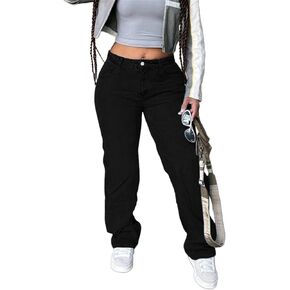 Women's Mid Waisted Straight Leg Jeans Loose Fit Boyfriend Tummy Control Trendy Denim Pants with Pocket