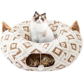 Cat Tunnel, Collapsible J-Shape Cat Tunnel Sturdy Oxford Fabric for Indoor Cats,Interactive Hanging Ball Pet Tunnel Tube with Cat Teaser Stick (Grey)