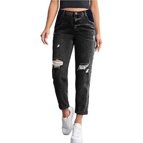 Women's Maternity Casual High Waist Zipper Ripped Jeans Pants Trousers Mom Fit Denim Pants
