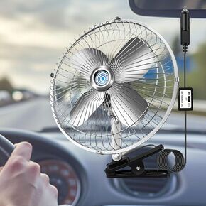 8''Car Fan,12V Portable Vehicle Cooling Fan,20W All Metal Car Clip-on Fan,Plug-type Two-speed Switch 180°Automatic Rotation for Golf Cart,Tractor,Van,Truck,Boat,Buses,Camper