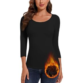 WOWENY Women's 3/4 Sleeve Thermal Shirts Fleece Lined Tops Winter Warm Base Layer Cold Weather Underwear