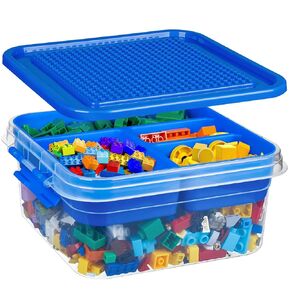 Loobuu Art Craft Storage Organizer Bins with Removable Tray - 1 Set Stackable Plastic Box, Toy Chest with Compatible Building Baseplate & Lid, Container for Bricks & Toys - Green (14.37"x9.64"x6.69")