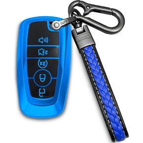 for Ford key fob cover with keychain/keyring,Soft TPU 5 buttons Key Shell,fit 2018-2023 Edge Explorer Expedition Fusion for Mustang Raptor remote car key(blue)