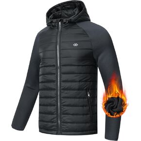 MoFiz Mens Running Hybrid Fleece Jackets Lightweight Puffy Hiking Jacket Winter Thermal Full Zip Hood Insulated Jacket Coat