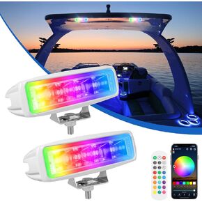 Marine Boat LED Light Bar RGB, 2PCS 80W 8000LM 12V 6.3Inch Boat Flood Spotlight Marine Docking Deck Spreader, Colorful Light / 316SS Bracket for Boat Truck ATV SUV Off-Road