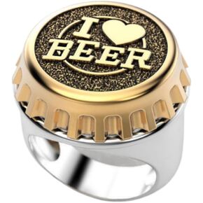 HUKQBUNX 925 Sterling Silver temperament creative beer cap I love beer ring love ring carving BBER two-color men's party beer lover Ring Size 7-11