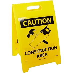 NMC FS16 Double Sided Floor Sign, Legend "CAUTION - HARD HAT AREA CONSTRUCTION AREA" with Graphic, 12" Length x 20" Height, Coroplast, Black on Yellow