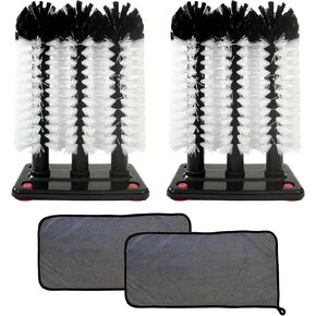 Glass Washer Brush - 2 Pack - 3 Brush Bar Glass Cleaner - Brushes for Large Cups Glasses and Bottles - Suction Cups for Stable Grip on Sink, Bar and Kitchen Top - Includes 2X Cleaning Cloths