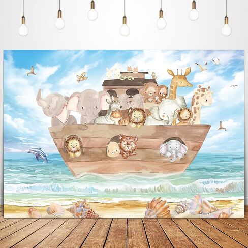 Noah's Ark Baby Shower Backdrop for Photography 7Wx5H Feet Cute Cartoon Woodland Animals Blue Ocean Lovely Clouds Newborn Kids Party Decorations Photoshoot Background Photo Booth Studio in Kuwait