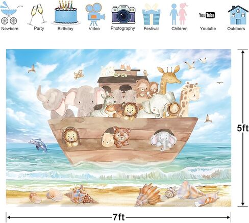 Noah's Ark Baby Shower Backdrop for Photography 7Wx5H Feet Cute Cartoon Woodland Animals Blue Ocean Lovely Clouds Newborn Kids Party Decorations Photoshoot Background Photo Booth Studio in Kuwait