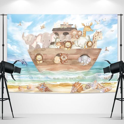 Noah's Ark Baby Shower Backdrop for Photography 7Wx5H Feet Cute Cartoon Woodland Animals Blue Ocean Lovely Clouds Newborn Kids Party Decorations Photoshoot Background Photo Booth Studio in Kuwait