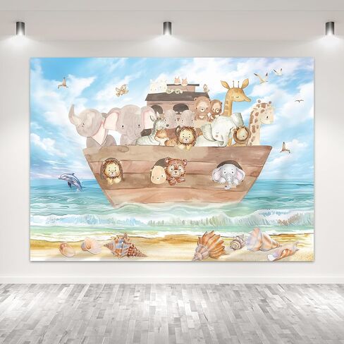 Noah's Ark Baby Shower Backdrop for Photography 7Wx5H Feet Cute Cartoon Woodland Animals Blue Ocean Lovely Clouds Newborn Kids Party Decorations Photoshoot Background Photo Booth Studio in Kuwait