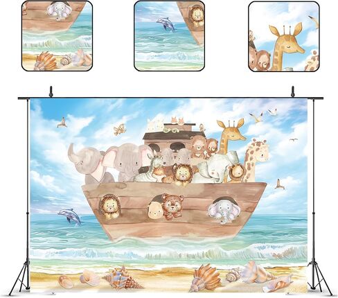 Noah's Ark Baby Shower Backdrop for Photography 7Wx5H Feet Cute Cartoon Woodland Animals Blue Ocean Lovely Clouds Newborn Kids Party Decorations Photoshoot Background Photo Booth Studio in Kuwait