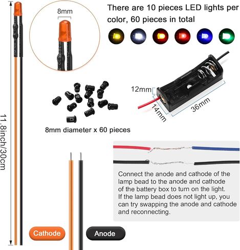 126 Pcs 12V LED Lights Kit, 60 Pcs Pre Wired Led Light Emitting Diodes 60 Pcs Plastic LED Holder 6 Pcs Battery Holder for Model Assortment Crafts Dollhouse(3 mm) in Kuwait